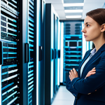 A focused female technologist, fully clothed in a modest business casual outfit, stands contemplatively in a clean, brightly lit modern data center. Rows of glowing servers line the background, intertwined with abstract digital network lines. In the foreground, neatly sorted electronic waste components like circuit boards and cables are subtly visible, symbolizing the physical impact of digital consumption. The atmosphere is quiet and reflective. perfect anatomy, correct proportions, natural pose, well-formed hands, proper finger count, professional photography, high quality, realistic, detailed, safe for work, appropriate content, fully clothed, professional dress.