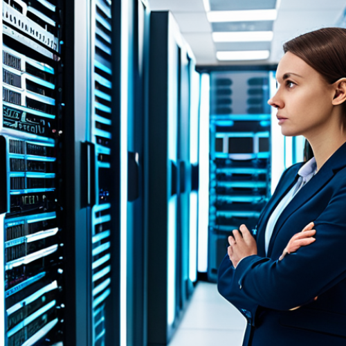 Home 4 A focused female technologist, fully clothed in a modest business casual outfit, stands contemplatively in a clean, brightly lit modern data center. Rows of glowing servers line the background, intertwined with abstract digital network lines. In the foreground, neatly sorted electronic waste components like circuit boards and cables are subtly visible, symbolizing the physical impact of digital consumption. The atmosphere is quiet and reflective. perfect anatomy, correct proportions, natural pose, well-formed hands, proper finger count, professional photography, high quality, realistic, detailed, safe for work, appropriate content, fully clothed, professional dress.